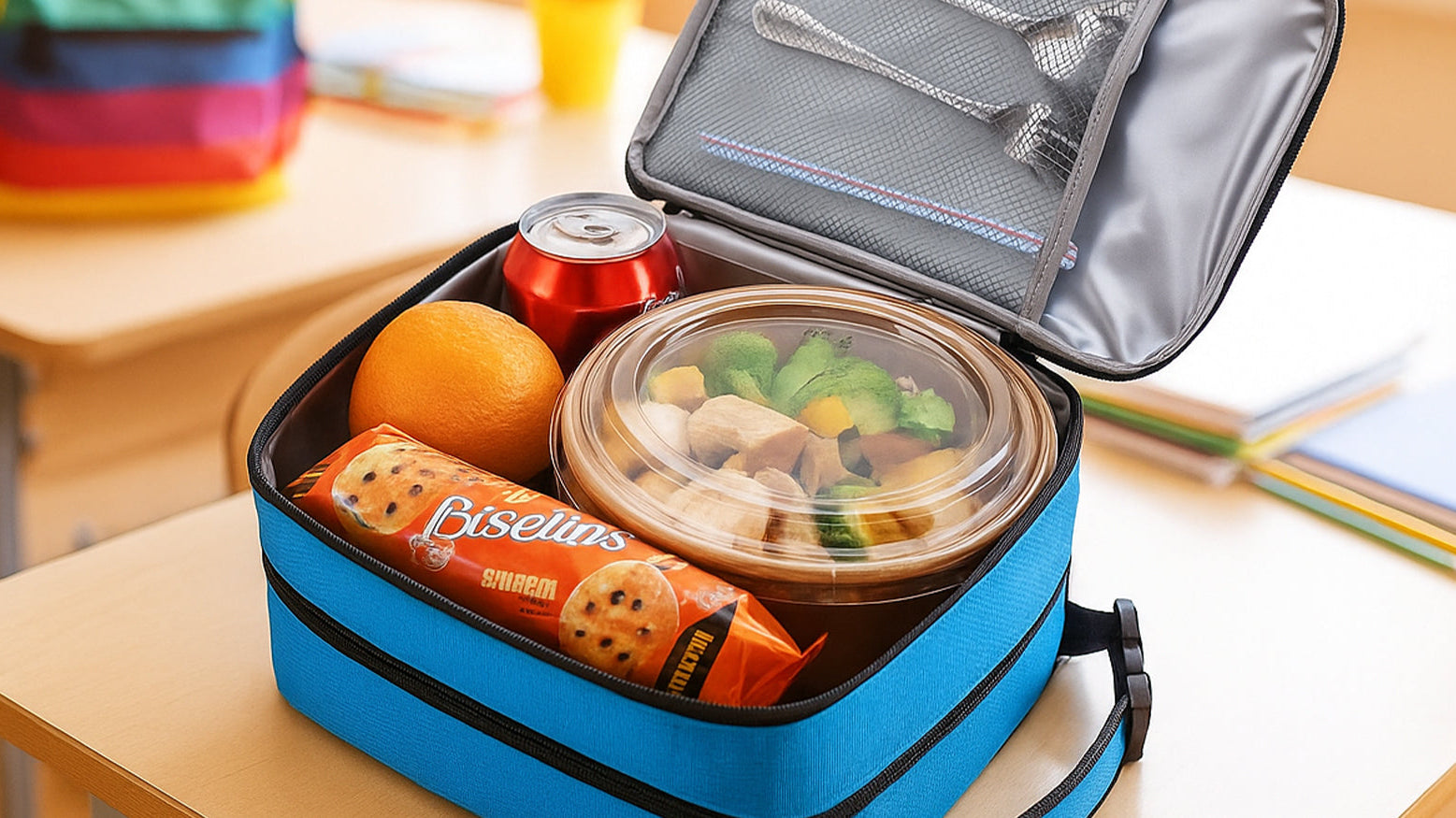 Tirrinia lunch bag opened on the desk filled with delicious food