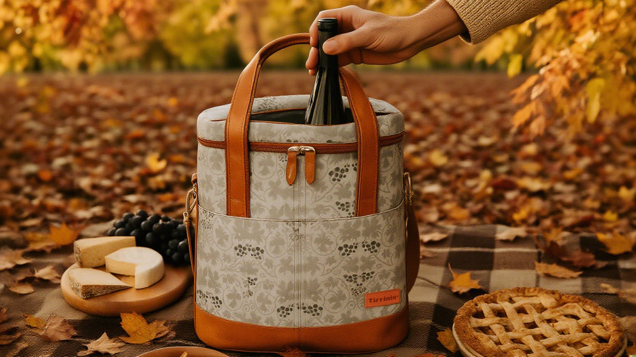 Delicious wine from a Tirrinia wine bag on a picnic mat in a park with autumn maple leaves