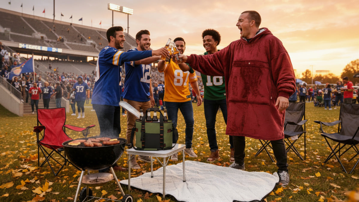 NFL tailgate party with Tirrinia insulated beer cooler bag keeping drinks cold and waterproof blanket providing a dry, cozy spot.