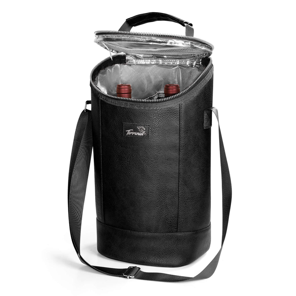 Tirrinia 2 Bottle Wine Carrier Bag, Insulated Wine Tote Cooler Bag with Shoulder Strap, for Travel, Picnic, BYOB & Christmas - Perfect Gift for Wine Lovers, Brown