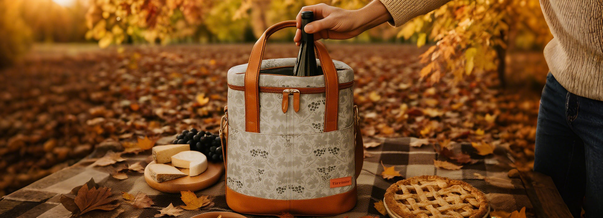 Delicious wine from a Tirrinia wine bag on a picnic mat in a park with autumn maple leaves