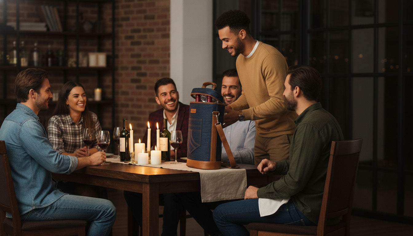 Friends gathered together, and a man opened Tirrinia's wine bag and took out the red wine from it.