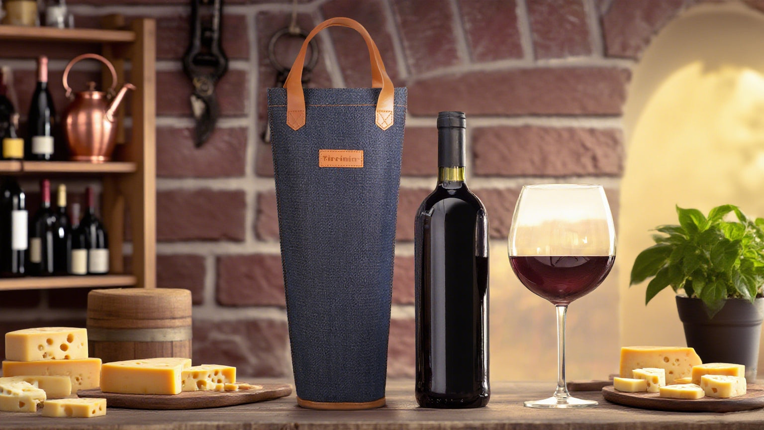 Stylish Tirrinia insulated wine bag for 1 bottle, perfect for picnics, wine storage, and gifts, displayed with wine and cheese.