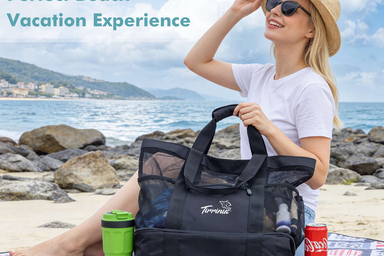 Tirrinia Mesh Beach Bag with Cooler Compartment, Extra Large Totes for Beach  Travel, Functional Fashion Beach Bag for Women