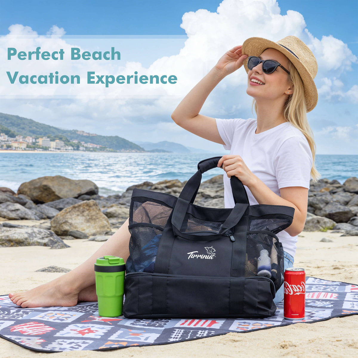 Tirrinia Mesh Beach Bag with Cooler Compartment, Extra Large Totes for Beach  Travel, Functional Fashion Beach Bag for Women