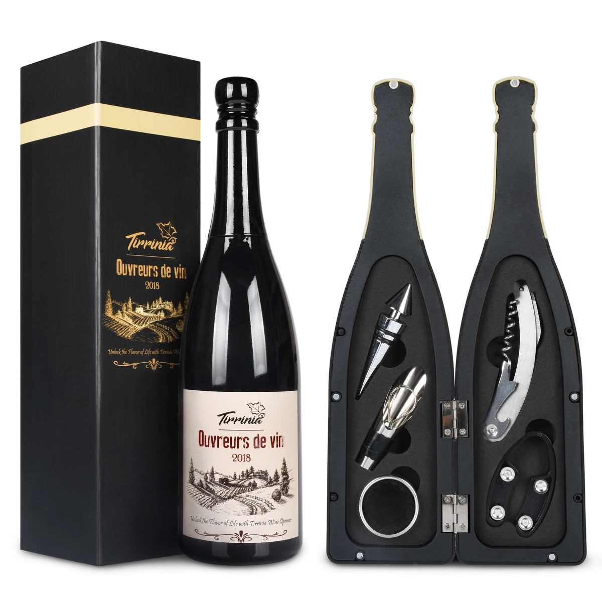 Tirrinia Wine Bottle Shaped Wine Opener Set — 3 or 5 Piece Premium Wine Tool Kit with Corkscrew, Pourer, Stopper & Drip Ring, Gift Box Included
