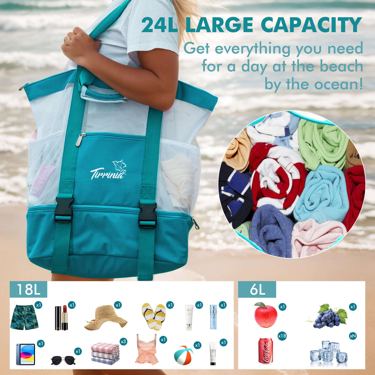 Tirrinia Mesh Beach Bag with Cooler Compartment, Extra Large Totes for Beach  Travel, Functional Fashion Beach Bag for Women