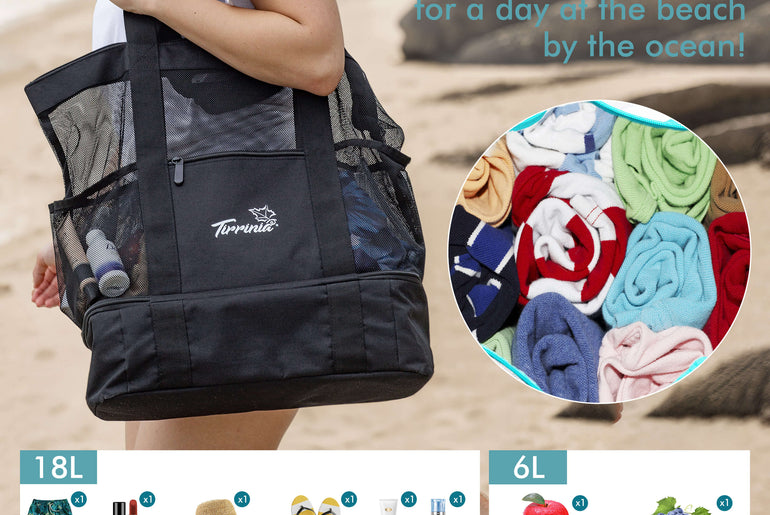 Tirrinia Mesh Beach Bag with Cooler Compartment, Extra Large Totes for Beach  Travel, Functional Fashion Beach Bag for Women