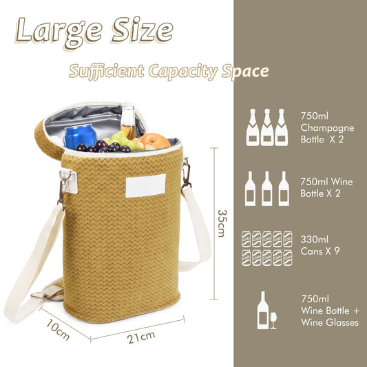 2-Bottle Insulated Wine Cooler Bag — Zipper-Top Tote with Detachable Shoulder Strap
