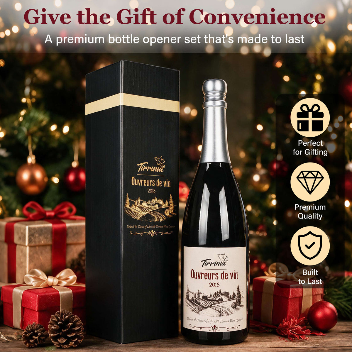 Tirrinia Wine Bottle Shaped Wine Opener Set — 3 or 5 Piece Premium Wine Tool Kit with Corkscrew, Pourer, Stopper & Drip Ring, Gift Box Included