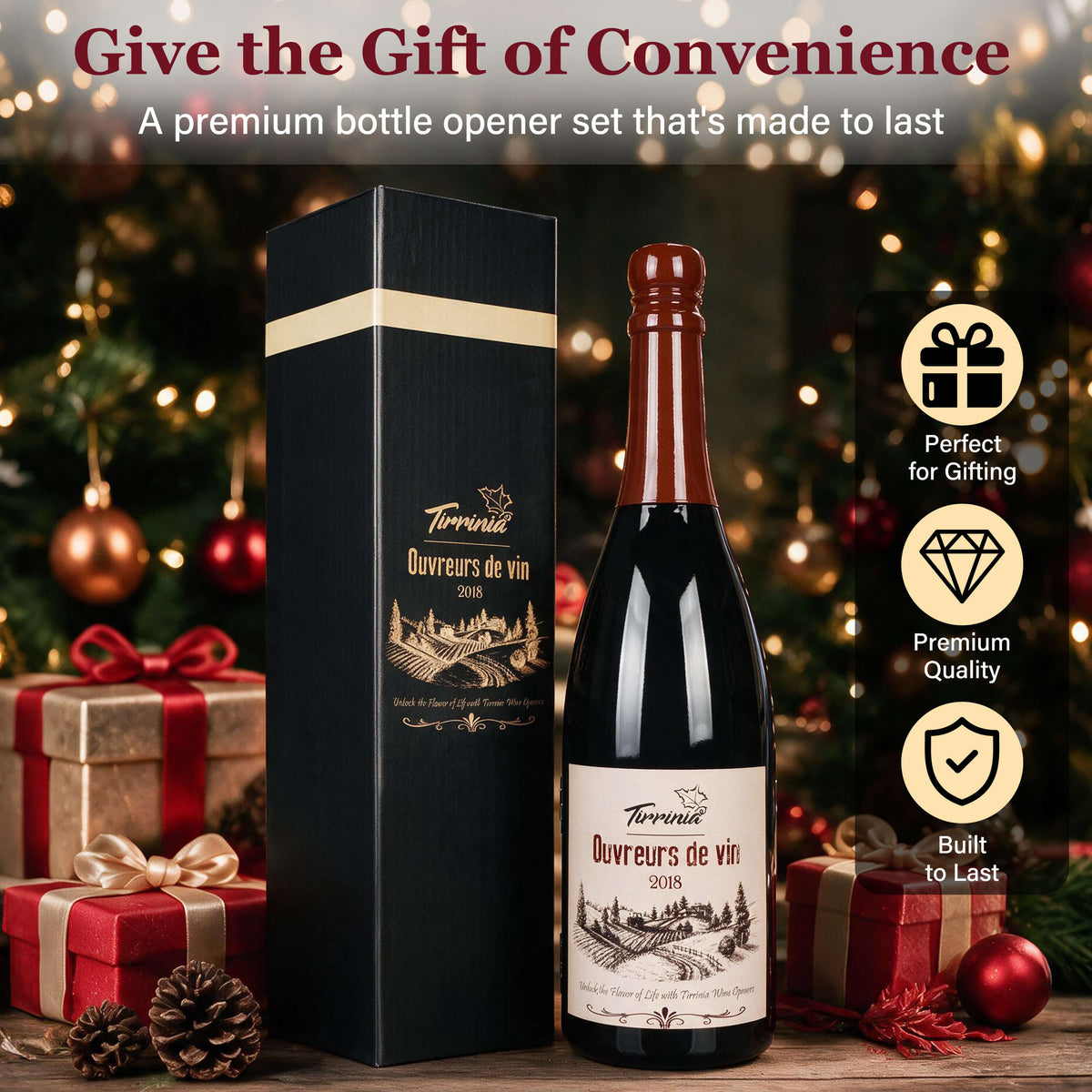 Tirrinia Wine Bottle Shaped Wine Opener Set — 3 or 5 Piece Premium Wine Tool Kit with Corkscrew, Pourer, Stopper & Drip Ring, Gift Box Included
