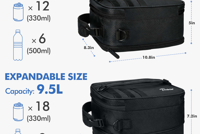 Tirrinia Expanded Insulated Cooler — 6.5L to 9.5L, Leakproof, 4 Ways to Carry