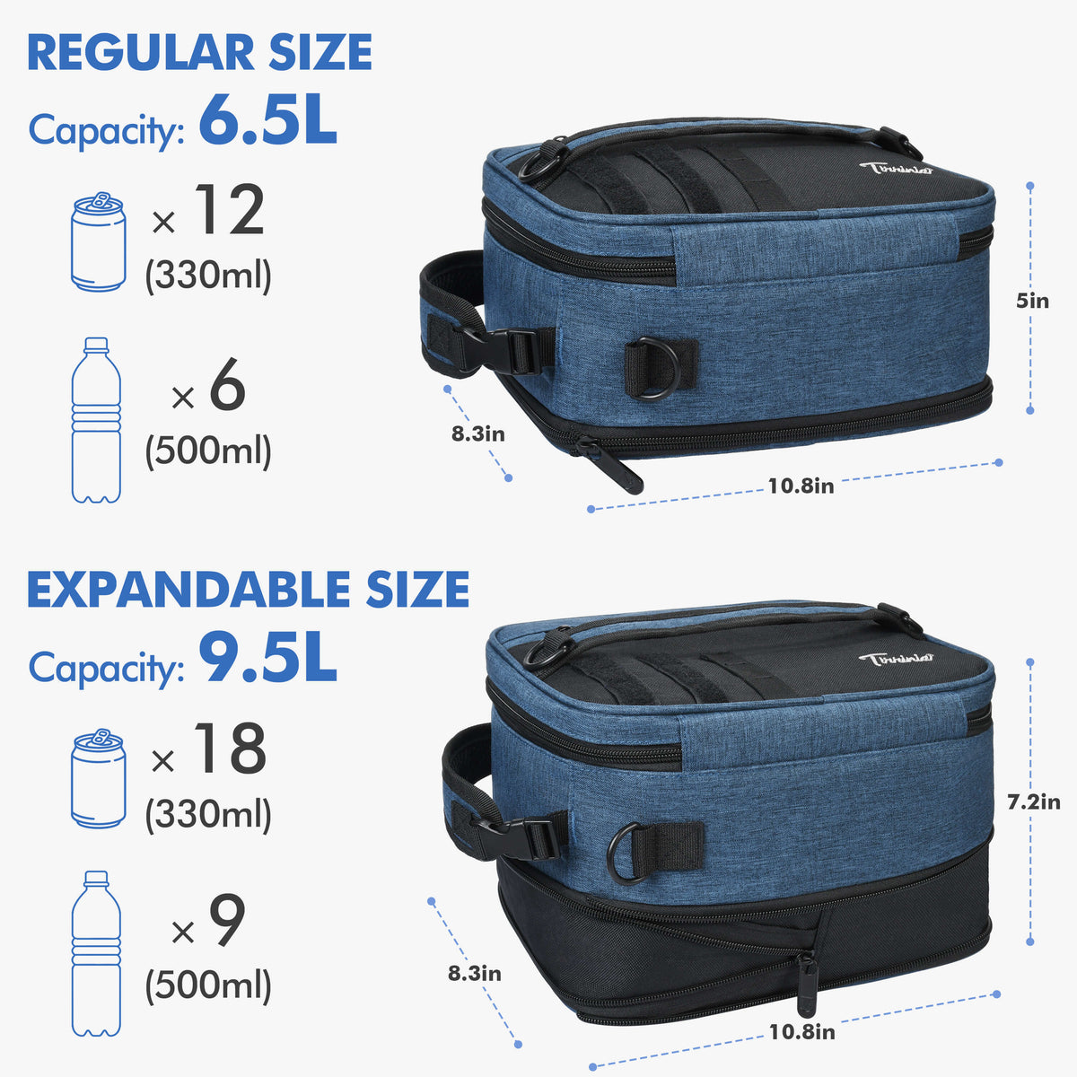 Tirrinia Expanded Insulated Cooler — 6.5L to 9.5L, Leakproof, 4 Ways to Carry