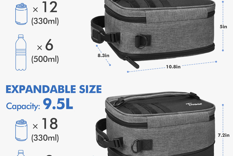 Tirrinia Expanded Insulated Cooler — 6.5L to 9.5L, Leakproof, 4 Ways to Carry