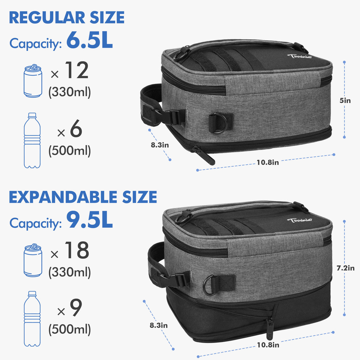 Tirrinia Expanded Insulated Cooler — 6.5L to 9.5L, Leakproof, 4 Ways to Carry