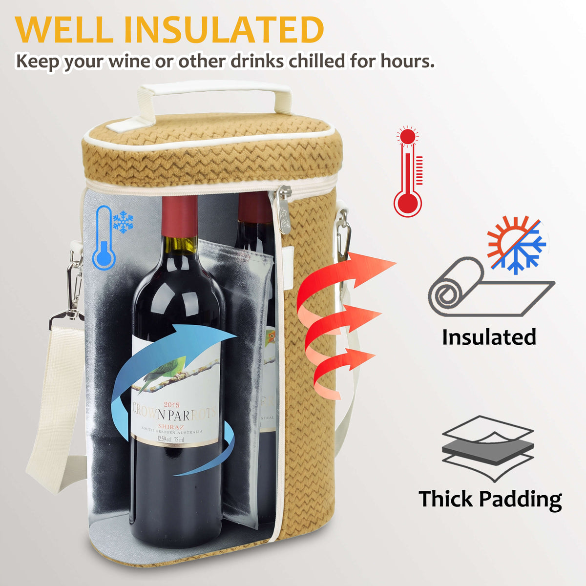 2-Bottle Insulated Wine Cooler Bag — Zipper-Top Tote with Detachable Shoulder Strap
