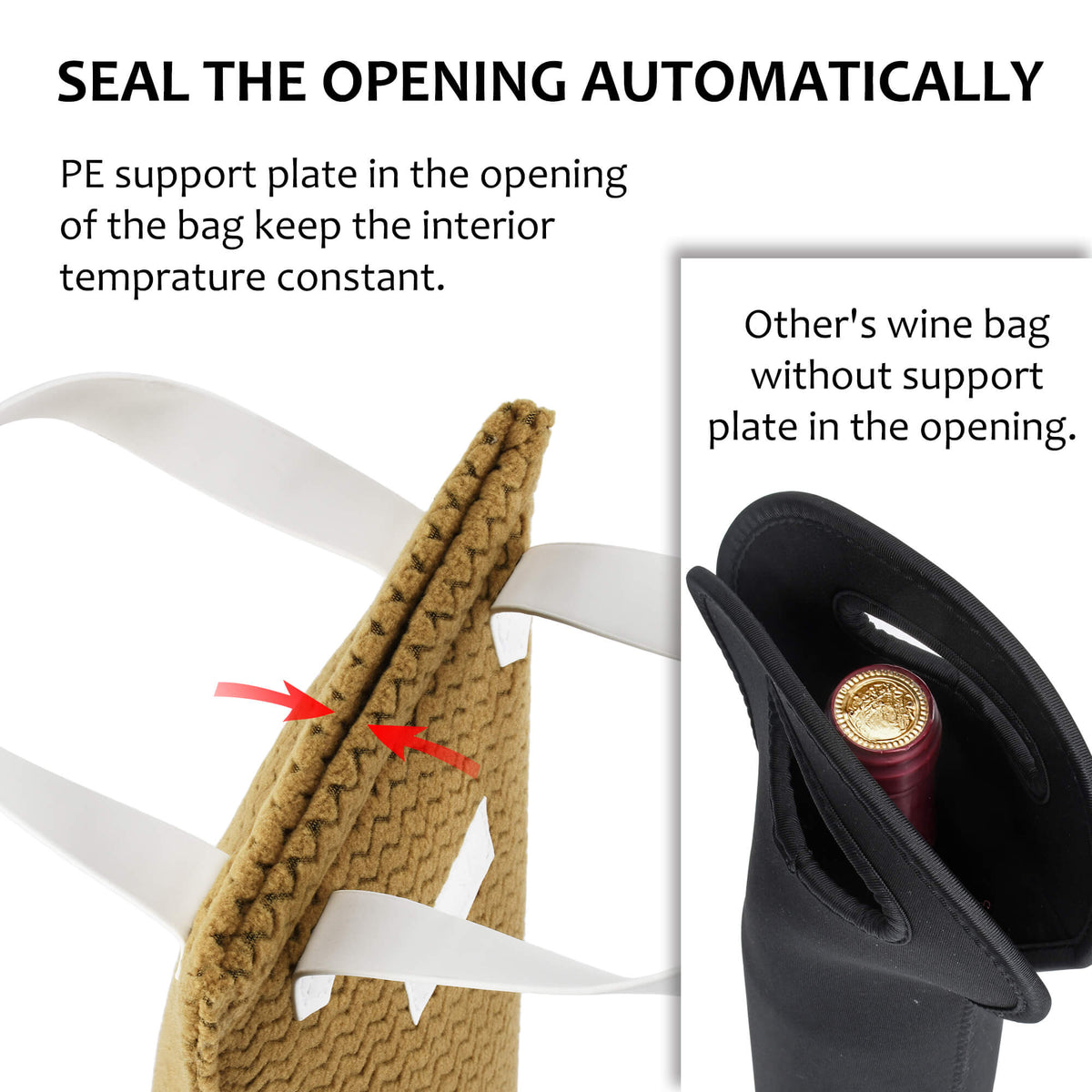 Insulated Single Wine Bottle Carrier — Auto-Seal Opening with PE Support Plate