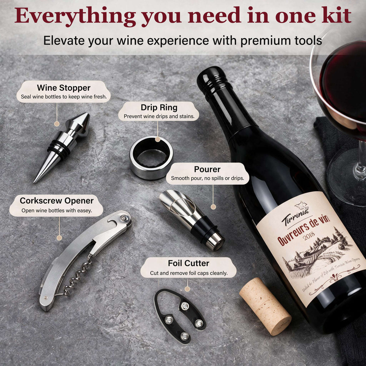 Tirrinia Wine Bottle Shaped Wine Opener Set — 3 or 5 Piece Premium Wine Tool Kit with Corkscrew, Pourer, Stopper & Drip Ring, Gift Box Included
