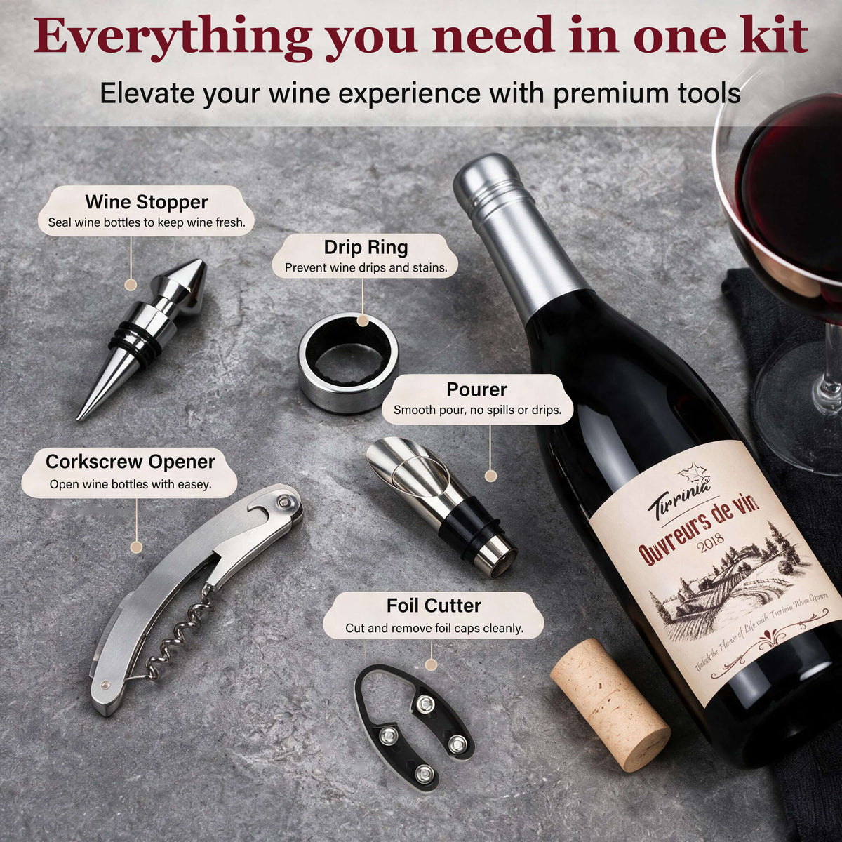 Tirrinia Wine Bottle Shaped Wine Opener Set — 3 or 5 Piece Premium Wine Tool Kit with Corkscrew, Pourer, Stopper & Drip Ring, Gift Box Included