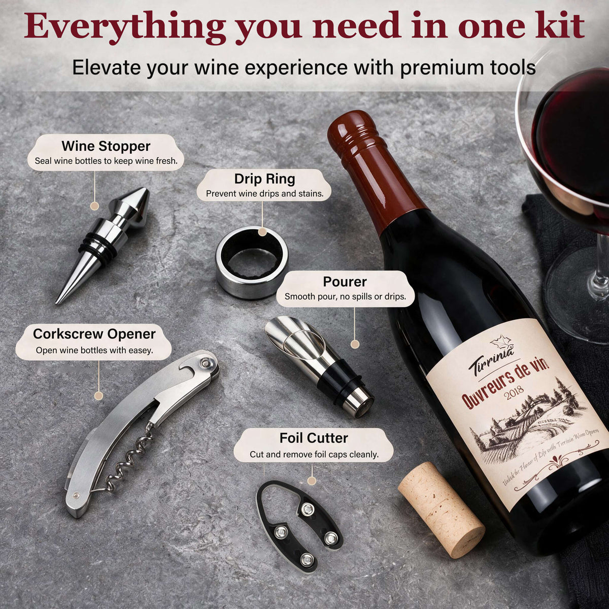 Tirrinia Wine Bottle Shaped Wine Opener Set — 3 or 5 Piece Premium Wine Tool Kit with Corkscrew, Pourer, Stopper & Drip Ring, Gift Box Included