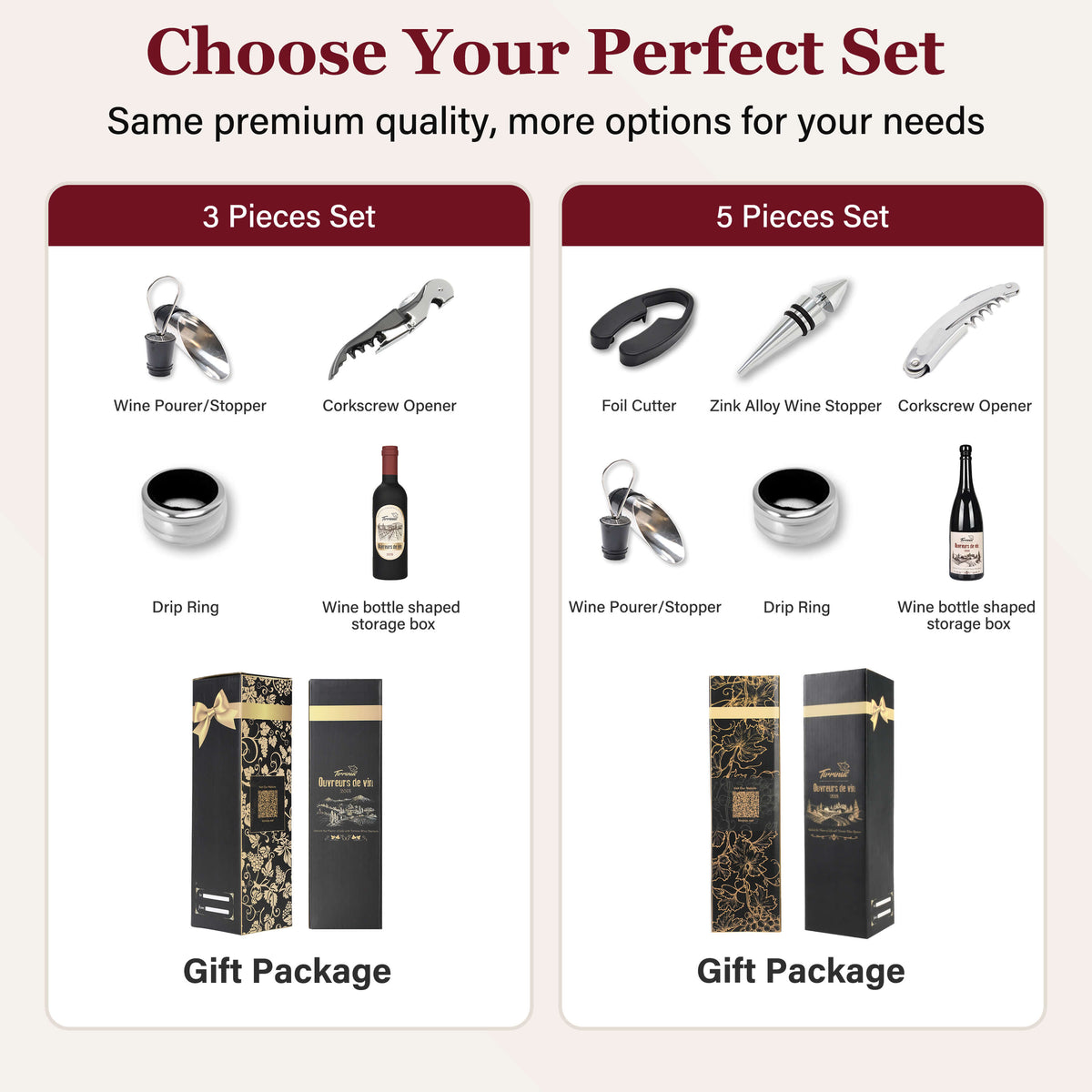 Tirrinia Wine Bottle Shaped Wine Opener Set — 3 or 5 Piece Premium Wine Tool Kit with Corkscrew, Pourer, Stopper & Drip Ring, Gift Box Included