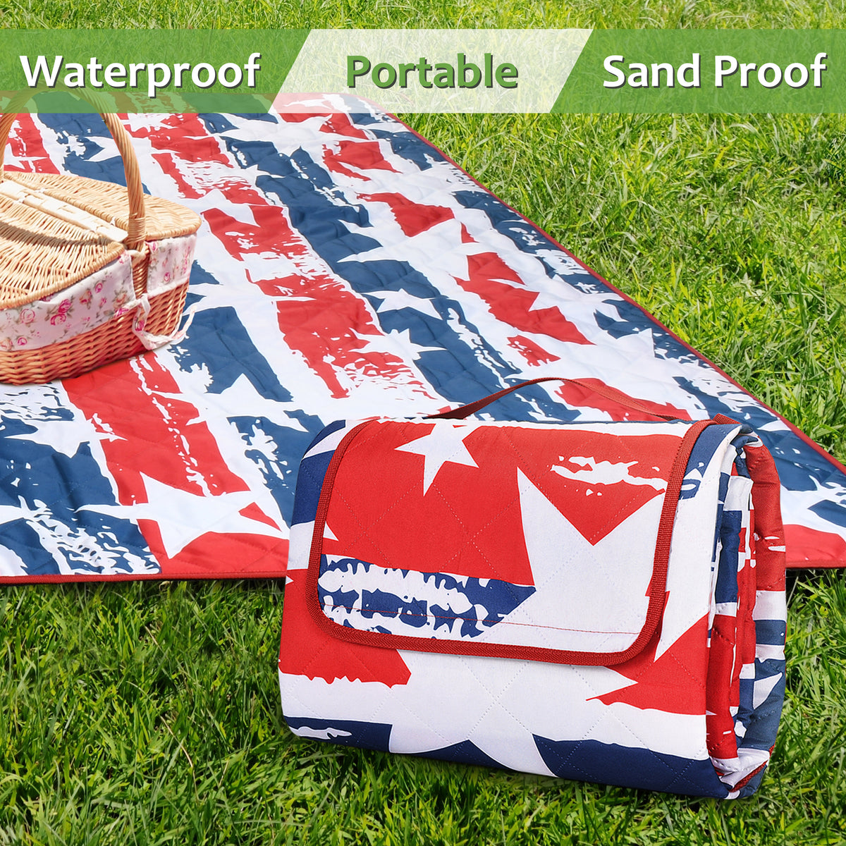 Quality Large Picnic Blanket 70" X 80" with USA Pattern Design
