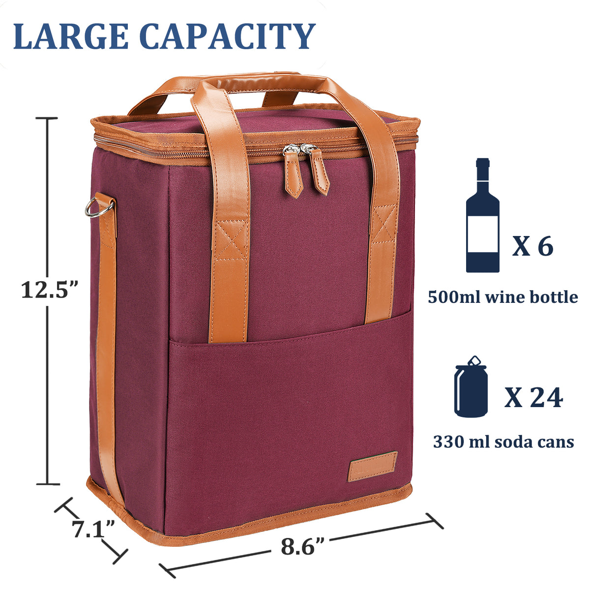 Tirrinia 6 Bottle Wine Purse Cooler for Wine Travel size chart