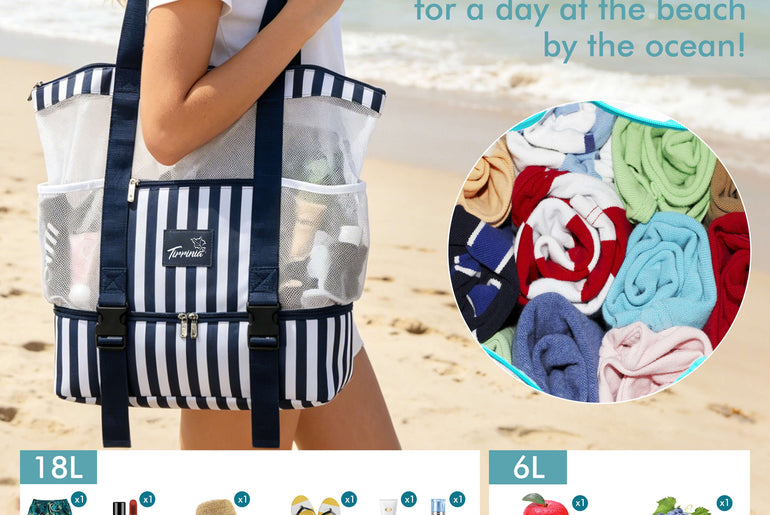 Tirrinia Mesh Beach Bag with Cooler Compartment, Extra Large Totes for Beach  Travel, Functional Fashion Beach Bag for Women