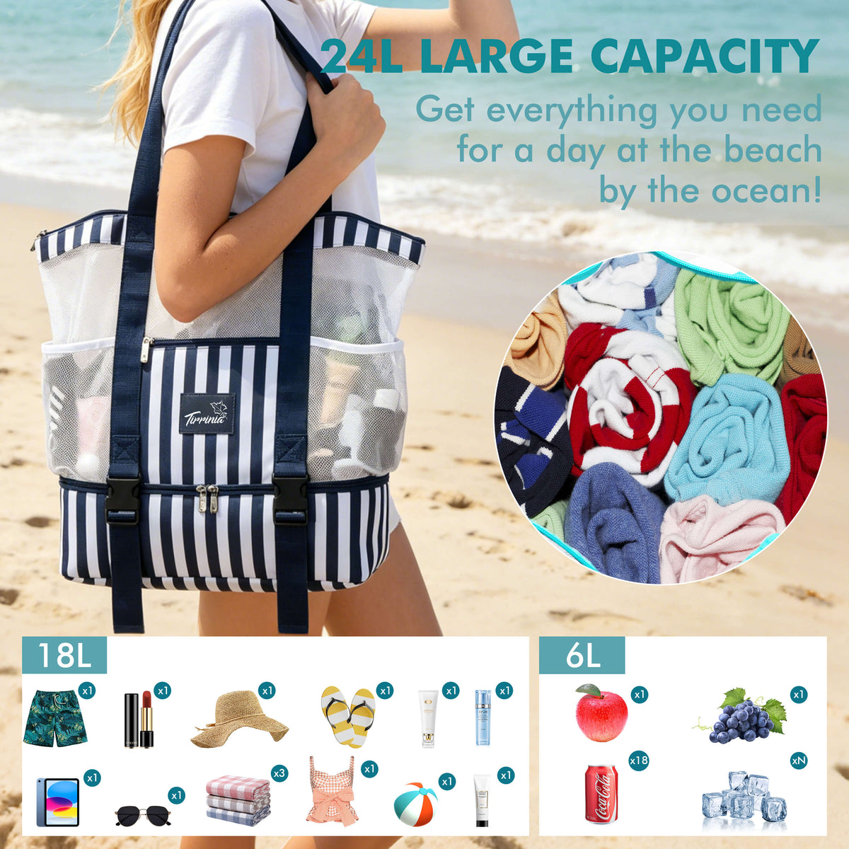 Tirrinia Mesh Beach Bag with Cooler Compartment, Extra Large Totes for Beach  Travel, Functional Fashion Beach Bag for Women