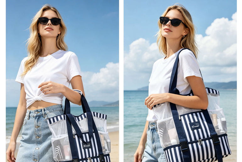 Tirrinia Mesh Beach Bag with Cooler Compartment, Extra Large Totes for Beach  Travel, Functional Fashion Beach Bag for Women