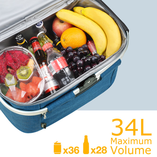 34L Picnic Cooler Basket with Foldable Grocery Bag