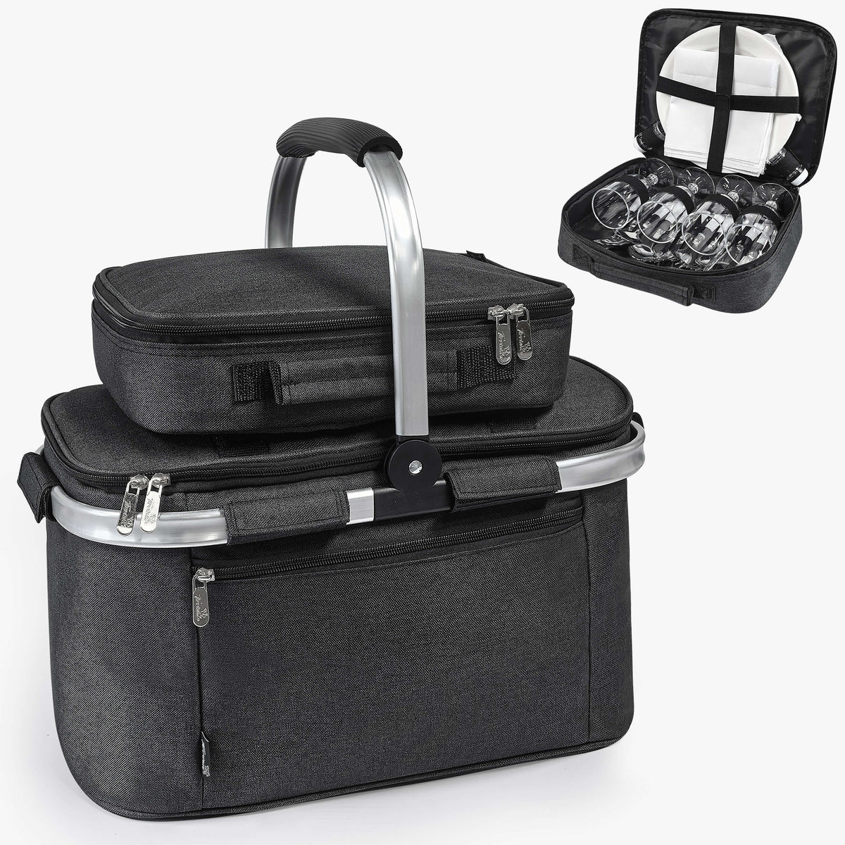 Tirrinia Large Insulated Picnic Basket, 34L Water Resistant & Leakproof Collapsible Portable Cooler Basket Set with Aluminium Handle for Travel,Foldable Grocery Bag, Black