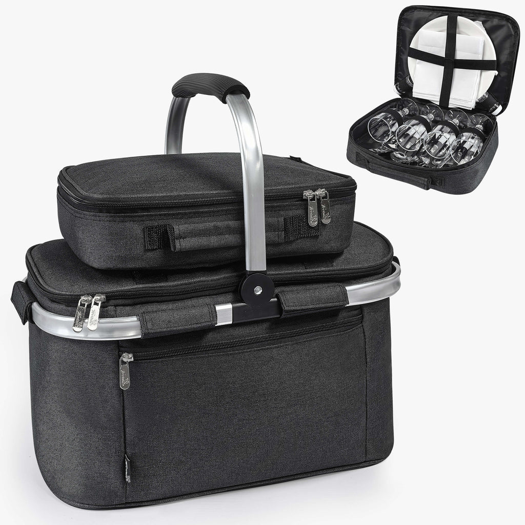 Tirrinia Large Insulated Picnic Basket, 34L Water Resistant & Leakproof Collapsible Portable Cooler Basket Set with Aluminium Handle for Travel,Foldable Grocery Bag, Black