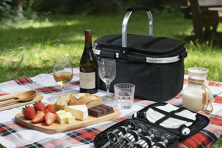 Tirrinia Large Insulated Picnic Basket, 34L Water Resistant & Leakproof Collapsible Portable Cooler Basket Set with Aluminium Handle for Travel,Foldable Grocery Bag, Black