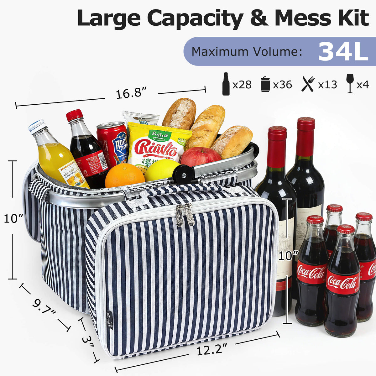 Tirrinia Large Insulated Picnic Basket, 34L Water Resistant & Leakproof Collapsible Portable Cooler Basket Set with Aluminium Handle for Travel,Foldable Grocery Bag, Black