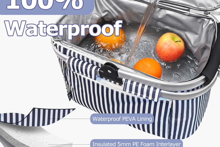 Tirrinia Large Insulated Picnic Basket, 34L Water Resistant & Leakproof Collapsible Portable Cooler Basket Set with Aluminium Handle for Travel,Foldable Grocery Bag, Black