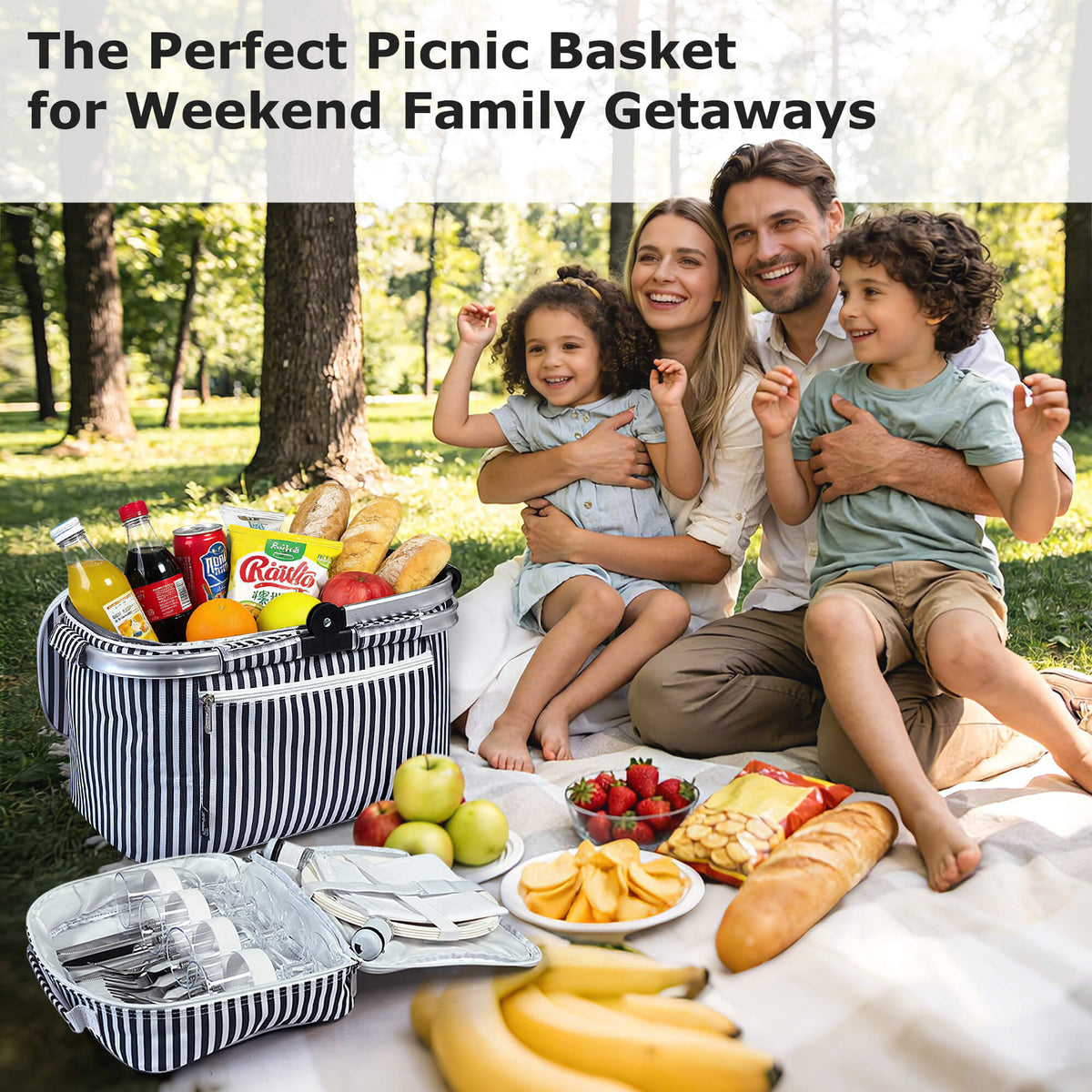 Tirrinia Large Insulated Picnic Basket, 34L Water Resistant & Leakproof Collapsible Portable Cooler Basket Set with Aluminium Handle for Travel,Foldable Grocery Bag, Black