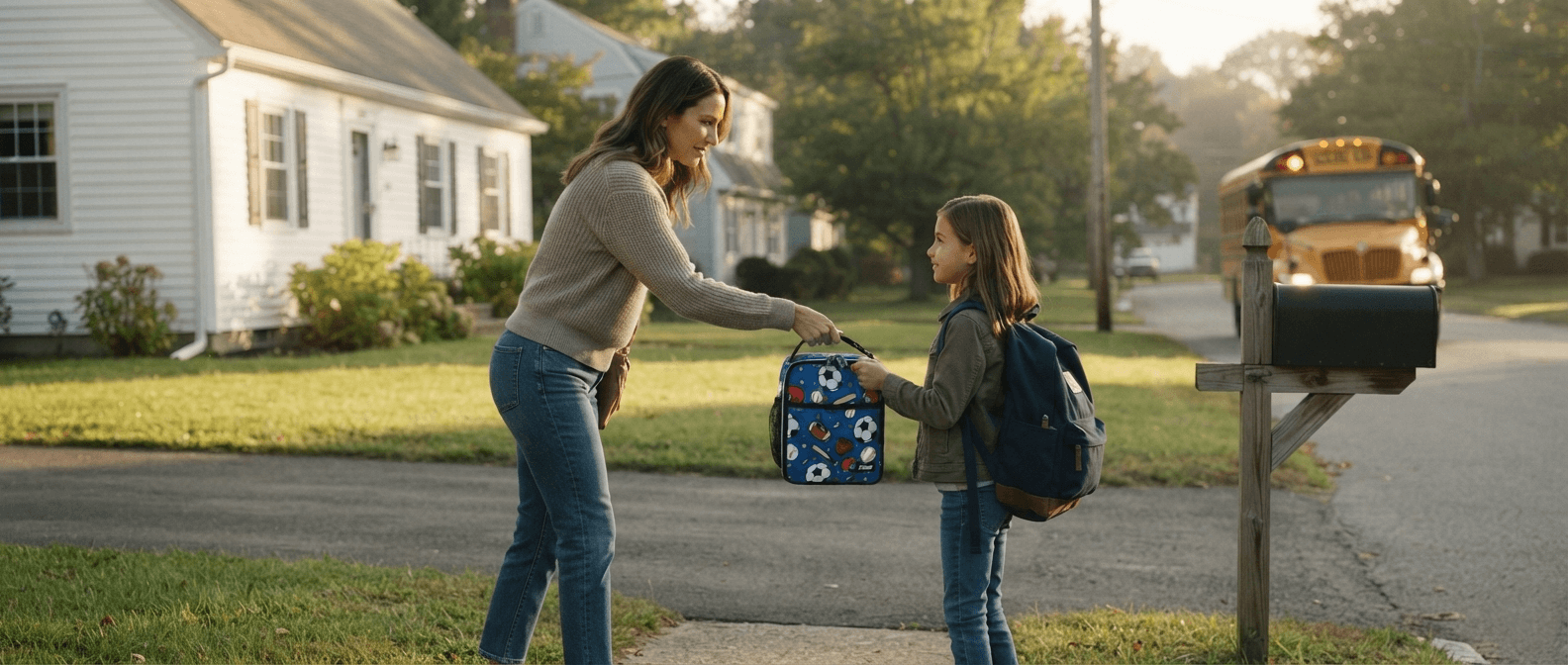 A woman and a child standing on a suburban sidewalk at dusk, with the woman handing a blue patterned backpack to the child who is wearing a matching blue backpack. A yellow school bus is parked in the mailbox on the right, with houses and trees in the background.