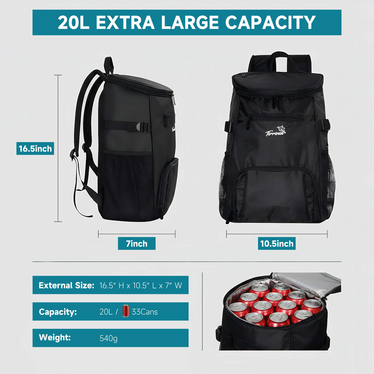 Tirrinia Cooler Backpack Insulated Leakproof, 20L Backpack Cooler Holds 33 Cans, Lightweight Soft Cooler Bag with Bottle Opener for Beach, Picnic, Camping, Hiking, Travel