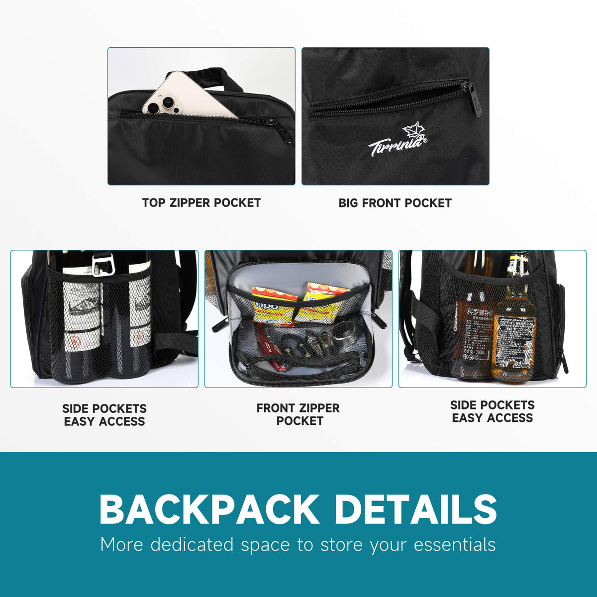 Tirrinia Cooler Backpack Insulated Leakproof, 20L Backpack Cooler Holds 33 Cans, Lightweight Soft Cooler Bag with Bottle Opener for Beach, Picnic, Camping, Hiking, Travel