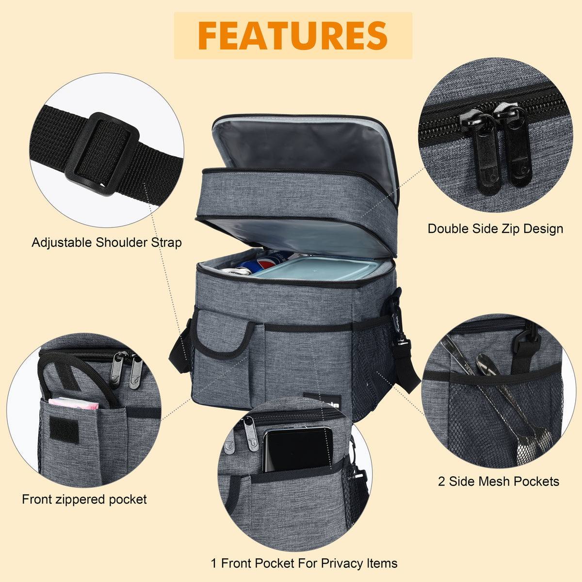 Tirrinia Large Double-Layer Insulated Lunch Bag with Pocket side view