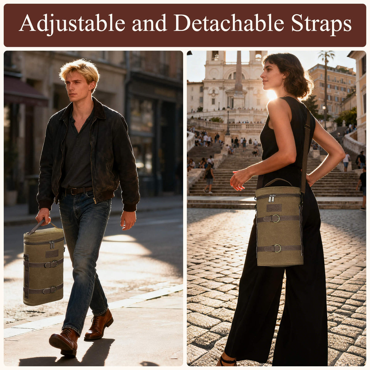 Tirrinia Vintage Canvas 2-Bottle Wine Tote — Rugged Style for Every Gathering back view