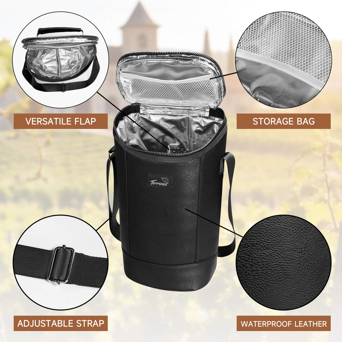 Tirrinia 2 Bottle Wine Carrier Bag, Insulated Wine Tote Cooler Bag with Shoulder Strap, for Travel, Picnic, BYOB & Christmas - Perfect Gift for Wine Lovers, Brown