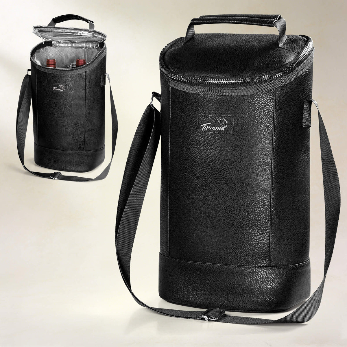 Tirrinia 2 Bottle Wine Carrier Bag, Insulated Wine Tote Cooler Bag with Shoulder Strap, for Travel, Picnic, BYOB & Christmas - Perfect Gift for Wine Lovers, Brown