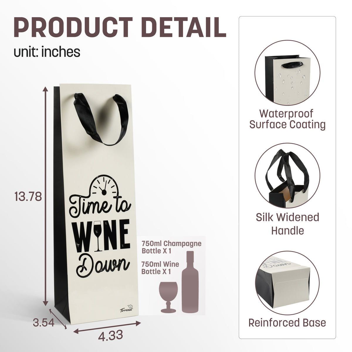 Tirrinia 12pcs Silk Handles Recyclable Paper Wine Gift Bags front view