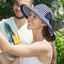 Tirrinia Elegant Chic Women's Striped Straw Hat with Bow Tie back view